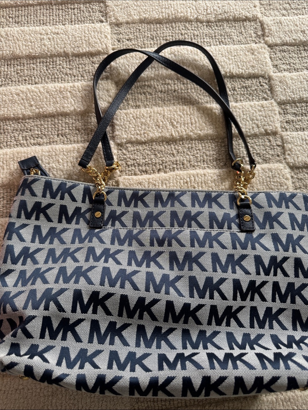Michael Kors Navy and Cream MK Logo Tote with Black Straps